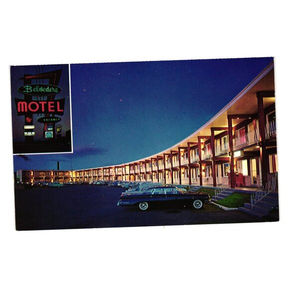 Vintage Belvedere Motel Postcard Montreal 60s Mid-Century Night View Cars Motel - Picture 1 of 2